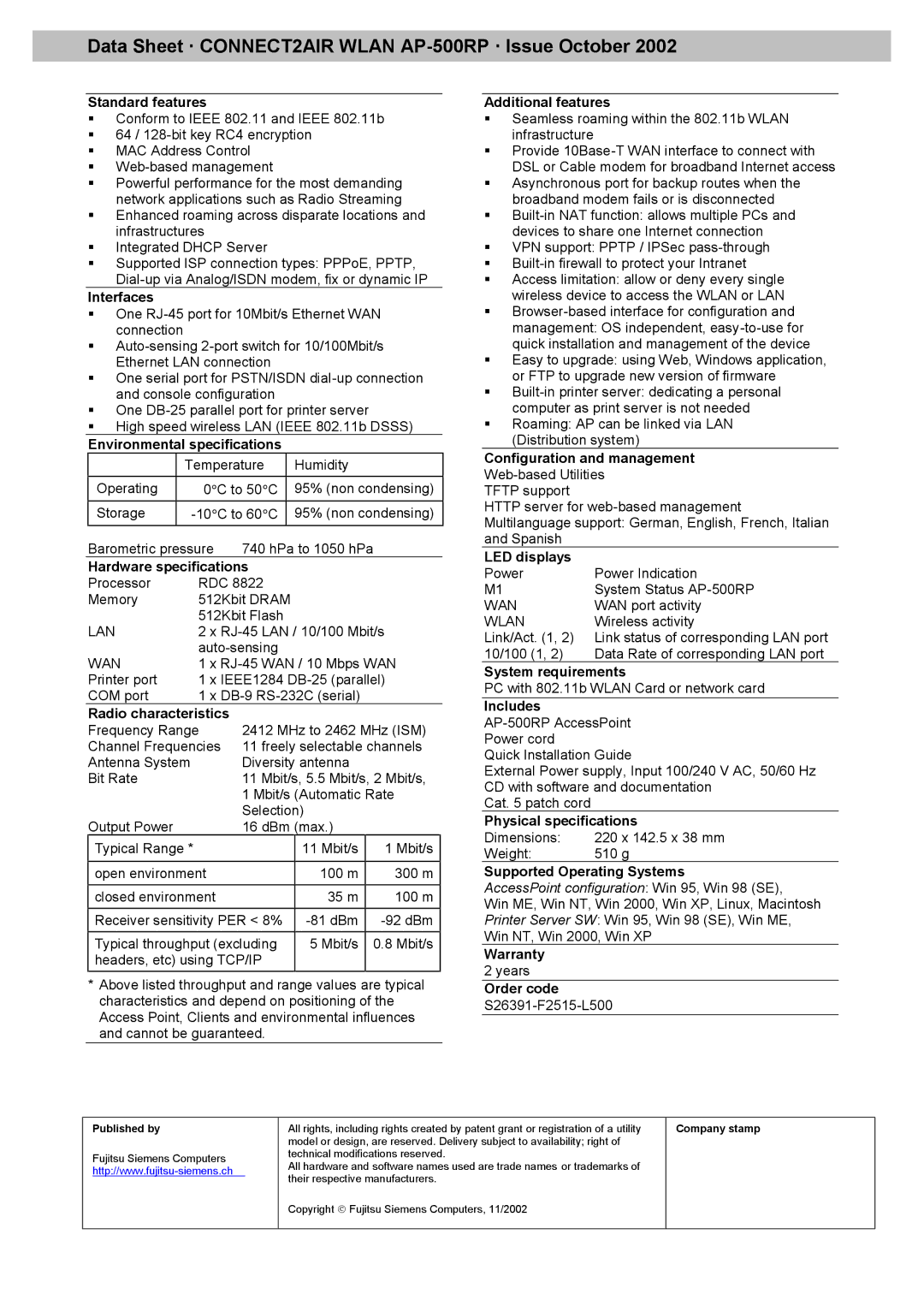 Fujitsu AP-500RP Standard features, Interfaces, Environmental specifications, Hardware specifications, Additional features 