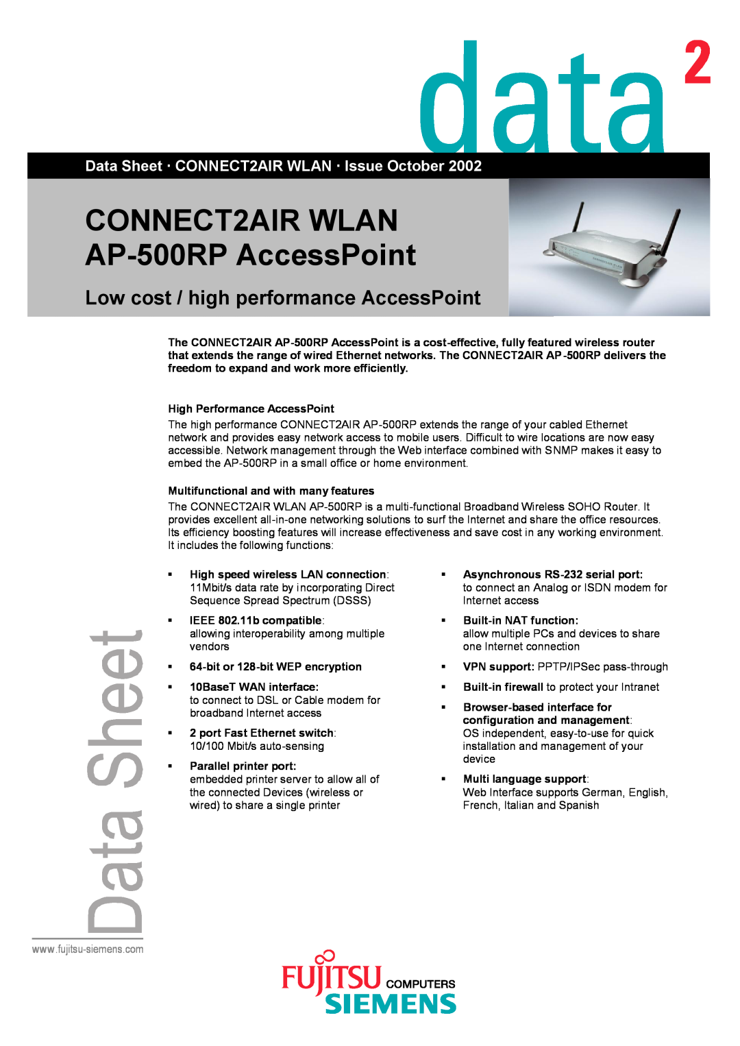 Fujitsu manual CONNECT2AIR WLAN AP-500RP AccessPoint, Low cost / high performance AccessPoint 