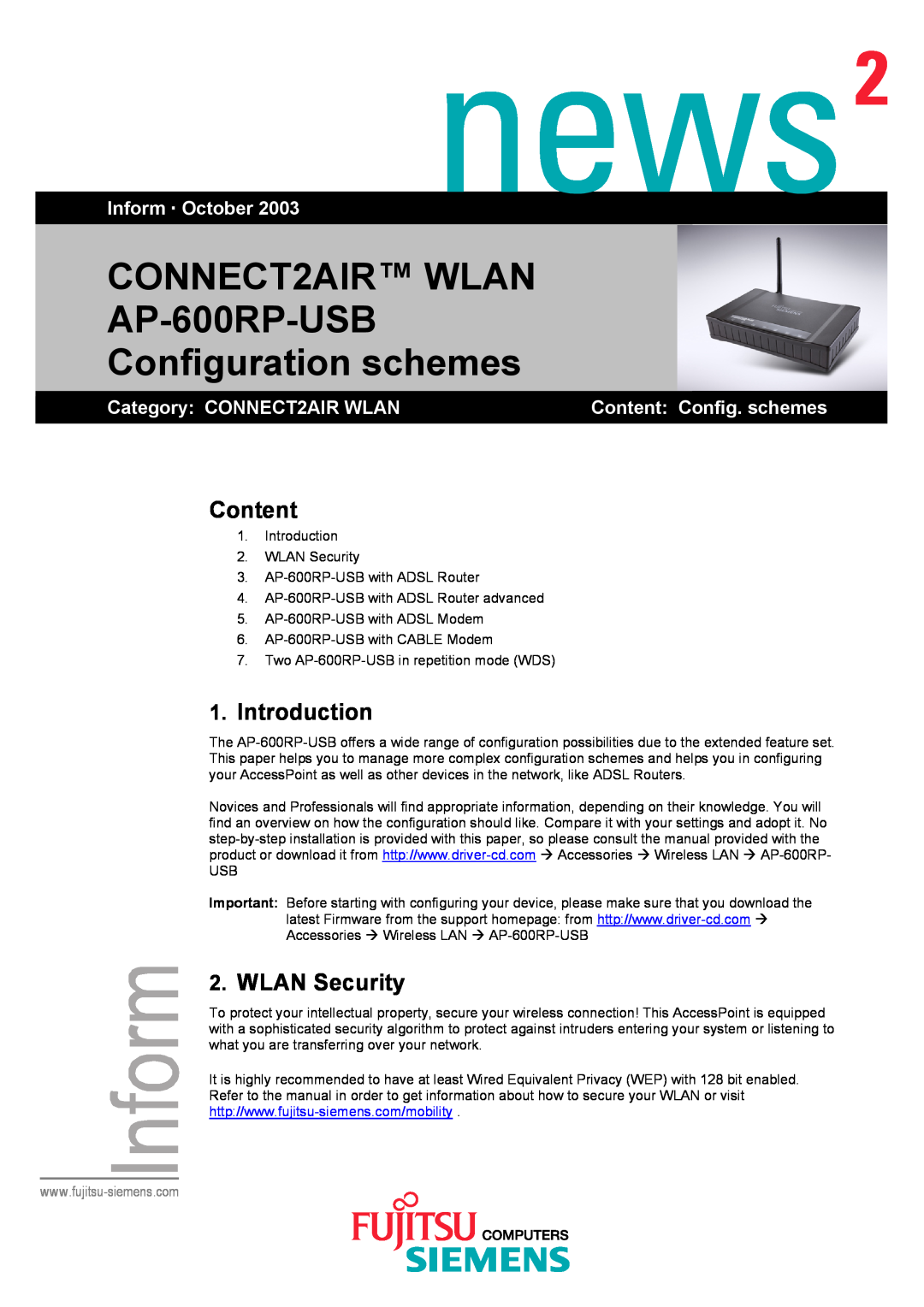 Fujitsu manual Content, Introduction, WLAN Security, CONNECT2AIR WLAN AP-600RP-USB Configuration schemes 