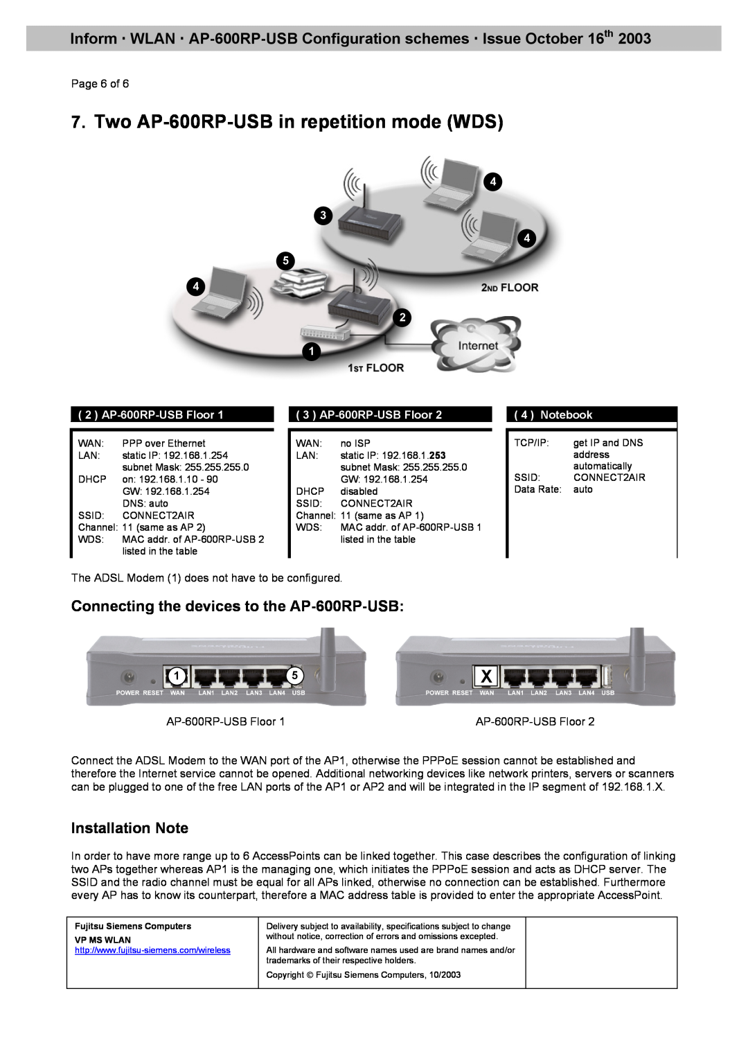 Fujitsu manual Two AP-600RP-USB in repetition mode WDS, 2 AP-600RP-USB Floor, 3 AP-600RP-USB Floor, Notebook 