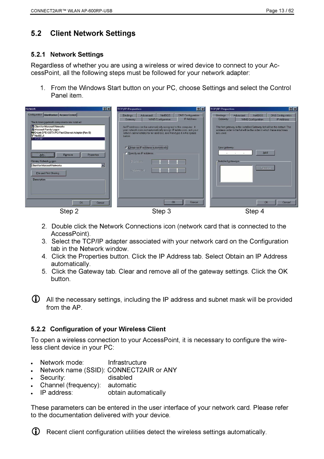 Fujitsu AP-600RP-USB manual Client Network Settings, Configuration of your Wireless Client 