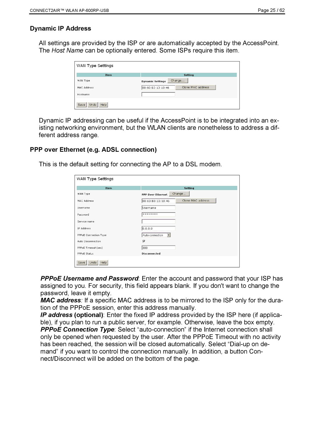 Fujitsu AP-600RP-USB manual Dynamic IP Address, PPP over Ethernet e.g. Adsl connection 