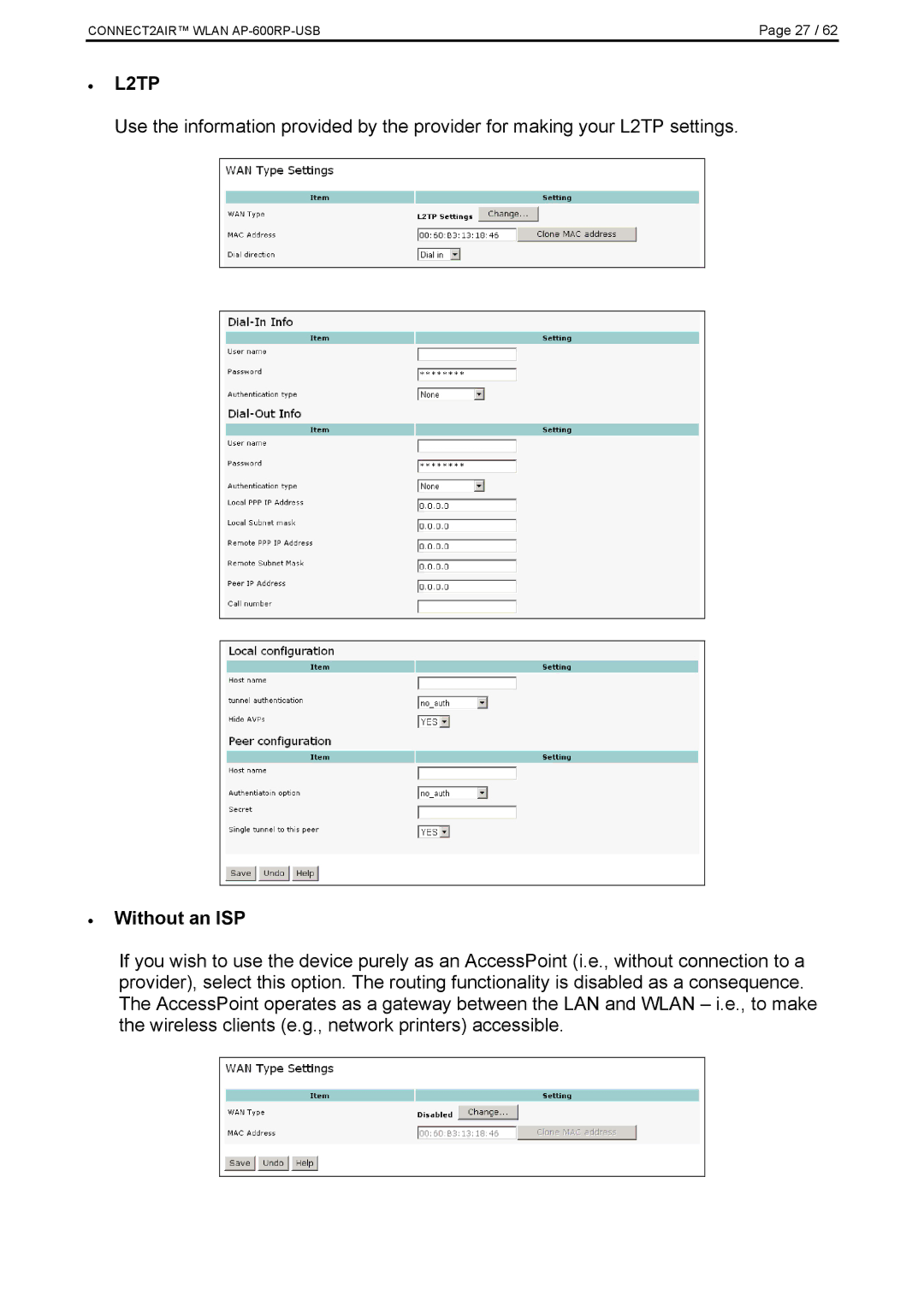 Fujitsu AP-600RP-USB manual L2TP, Without an ISP 