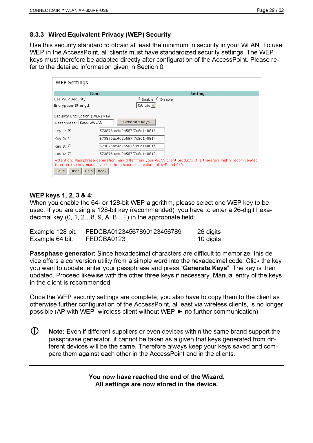 Fujitsu AP-600RP-USB manual Wired Equivalent Privacy WEP Security, WEP keys 1, 2, 3 