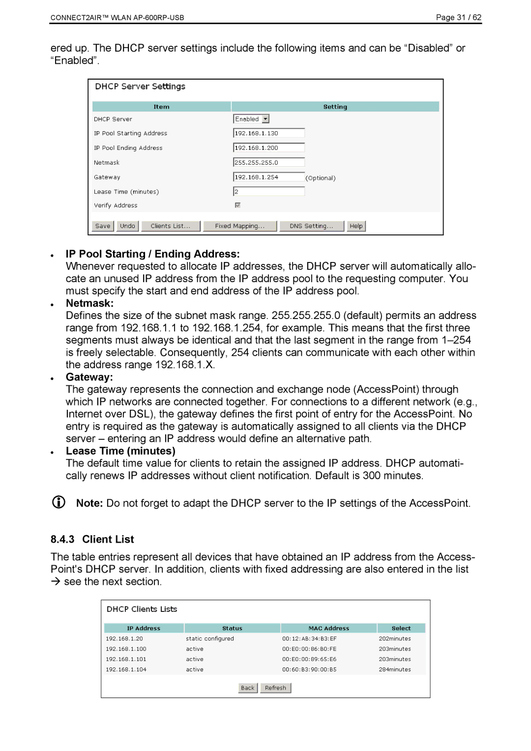 Fujitsu AP-600RP-USB manual IP Pool Starting / Ending Address, Netmask, Lease Time minutes, Client List 