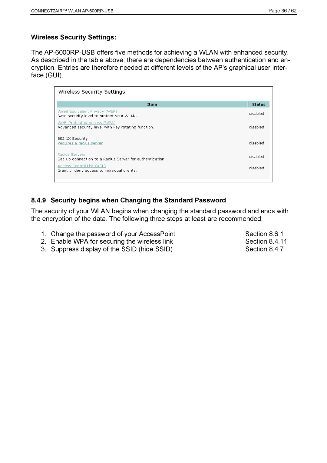 Fujitsu AP-600RP-USB manual Wireless Security Settings, Security begins when Changing the Standard Password 