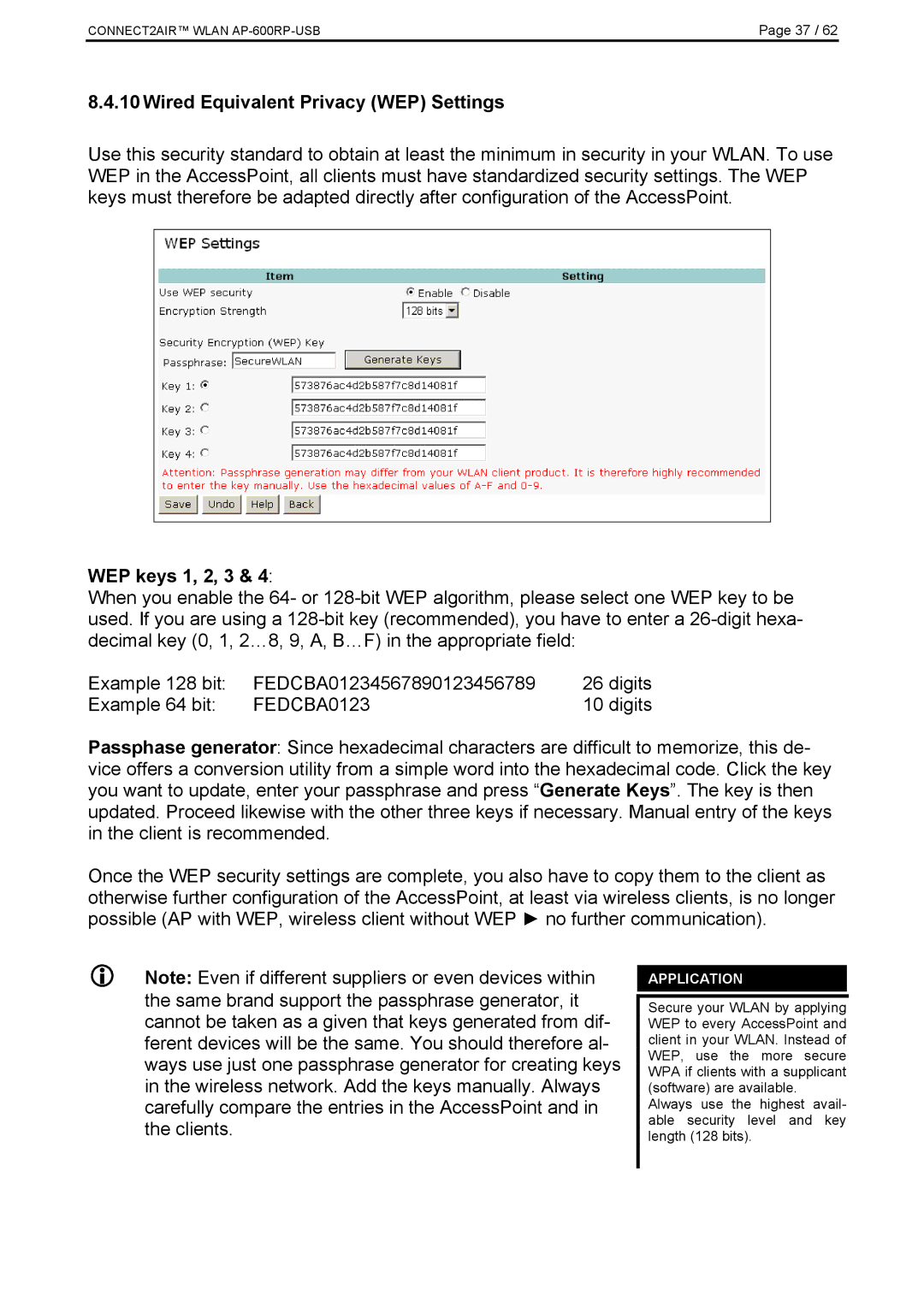 Fujitsu AP-600RP-USB manual Wired Equivalent Privacy WEP Settings, Application 