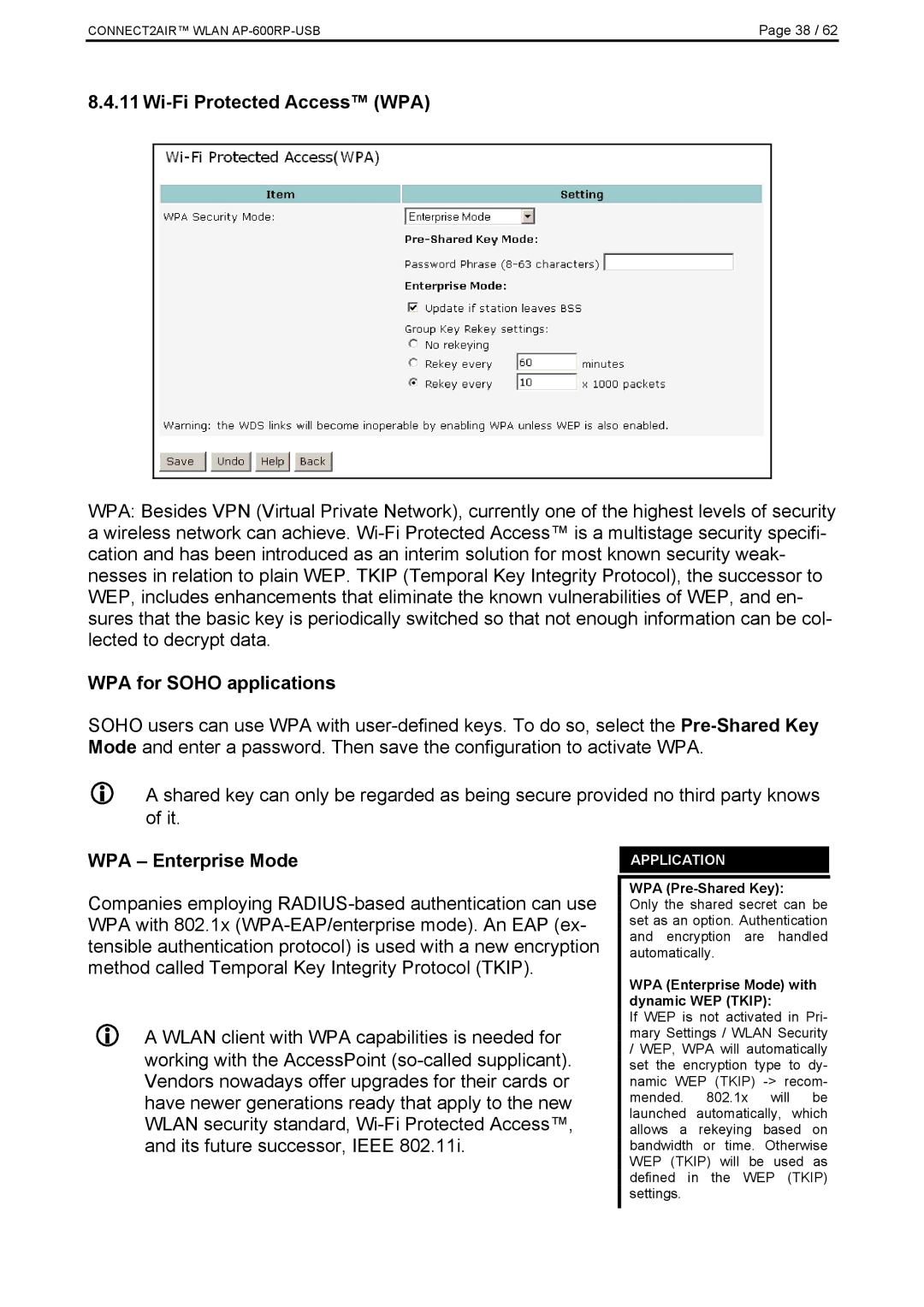 Fujitsu AP-600RP-USB manual Wi-Fi Protected Access WPA, WPA for Soho applications, WPA Enterprise Mode 