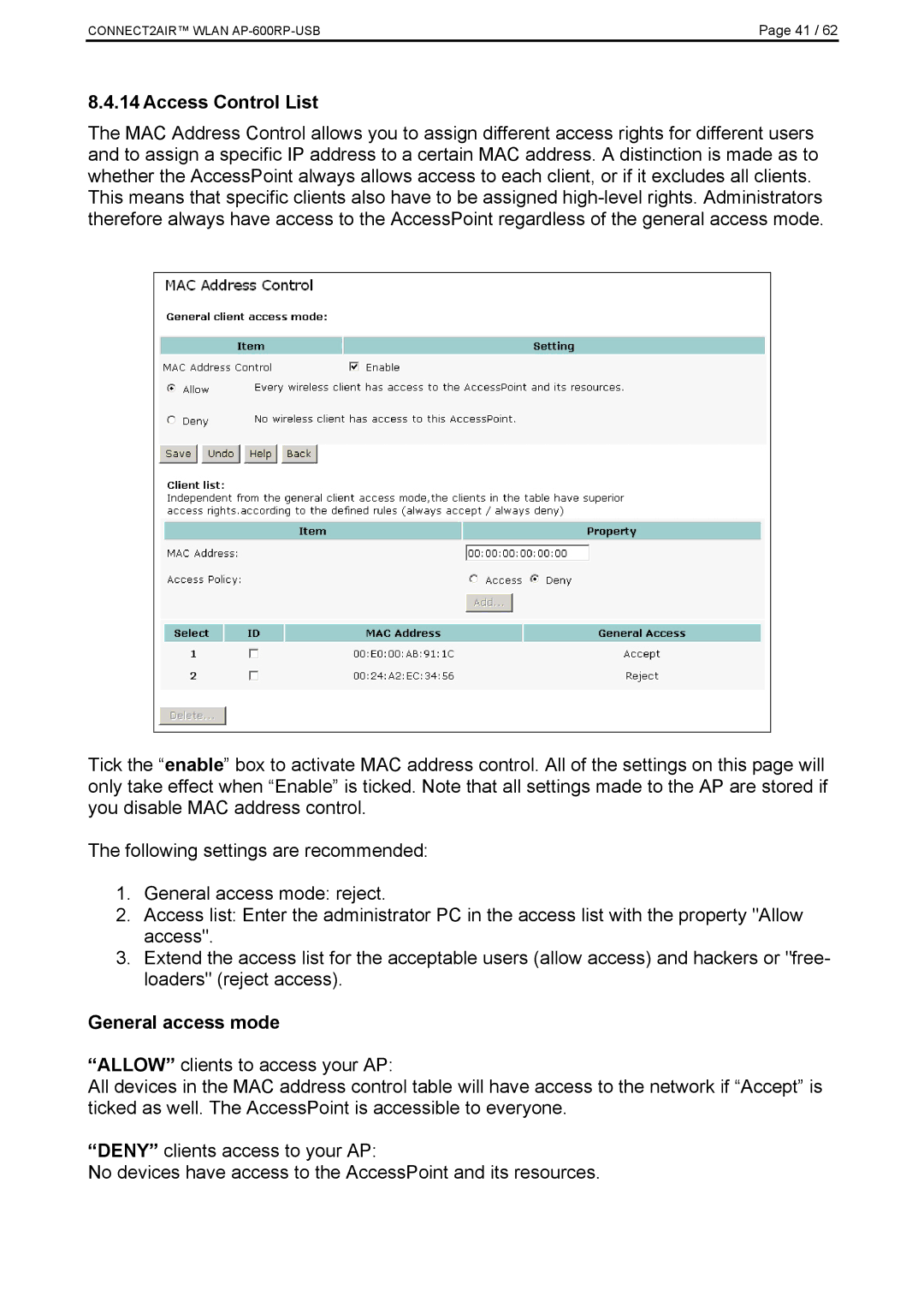 Fujitsu AP-600RP-USB manual Access Control List, General access mode 