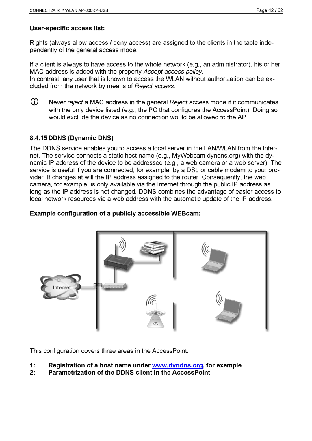 Fujitsu AP-600RP-USB User-specific access list, Ddns Dynamic DNS, Example configuration of a publicly accessible WEBcam 