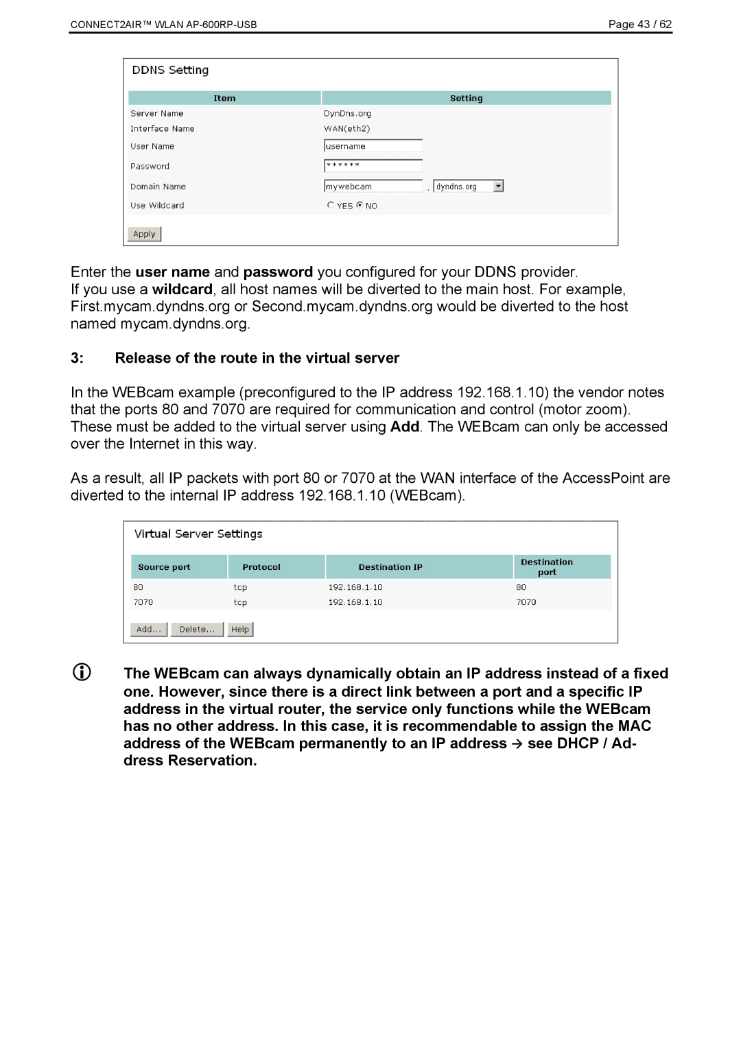 Fujitsu AP-600RP-USB manual Release of the route in the virtual server 