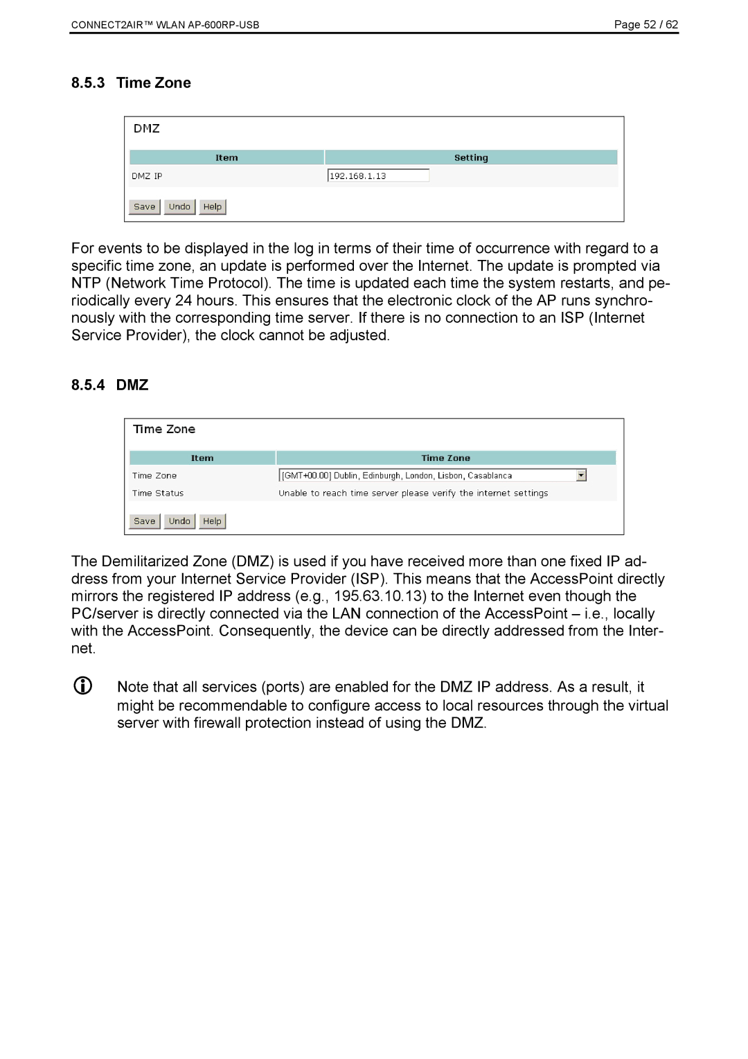 Fujitsu AP-600RP-USB manual Time Zone, 4 DMZ 