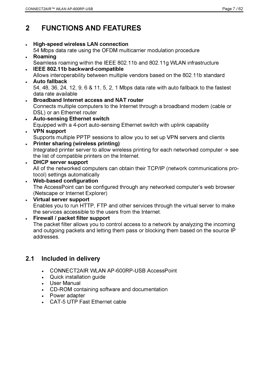 Fujitsu AP-600RP-USB manual Functions and Features, Included in delivery 