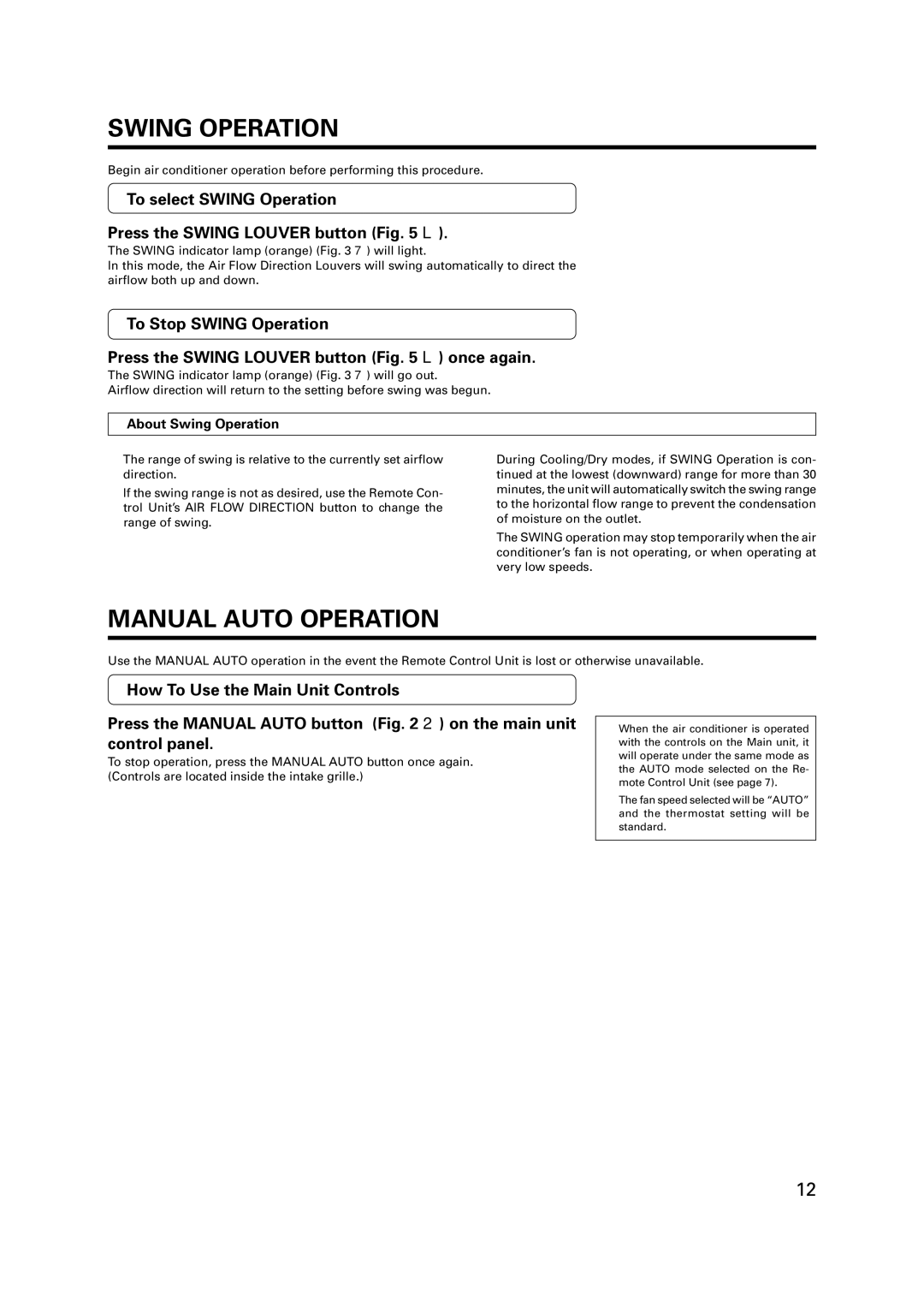 Fujitsu AST7 Manual Auto Operation, To select Swing Operation Press the Swing Louver button L, About Swing Operation 