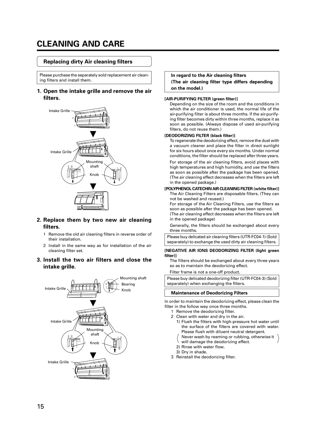 Fujitsu AST7, AST9, AST12 manual Replacing dirty Air cleaning filters, Replace them by two new air cleaning filters 