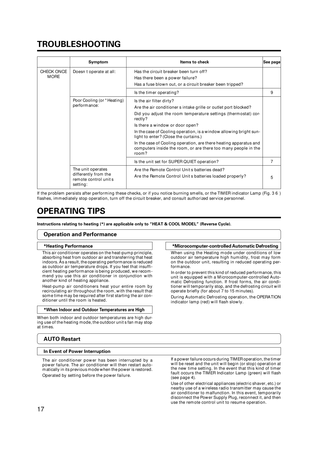 Fujitsu AST9, AST7, AST12 manual Operating Tips, Operation and Performance, Auto Restart 