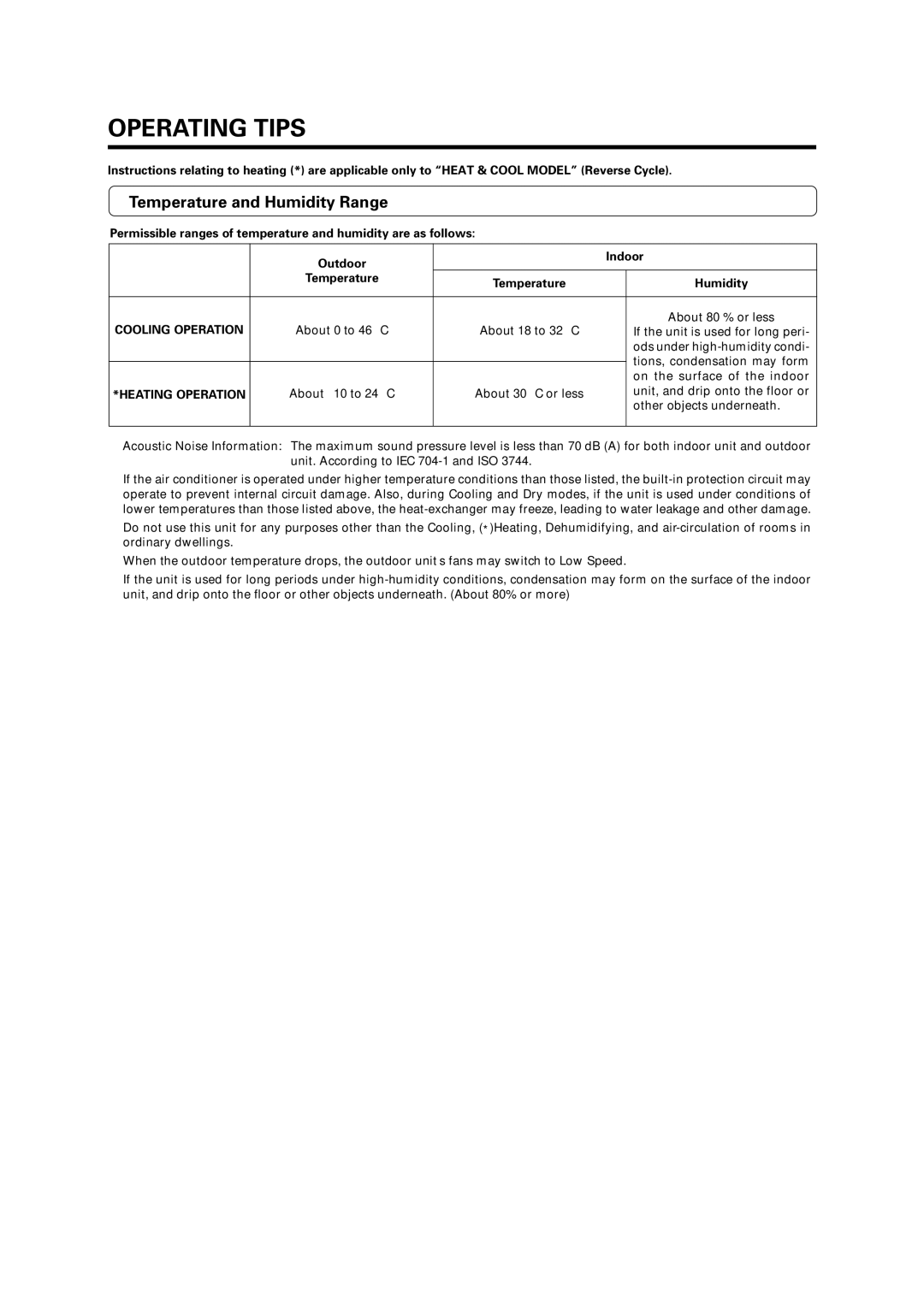 Fujitsu AST12, AST9, AST7 manual Temperature and Humidity Range, Cooling Operation, Heating Operation 