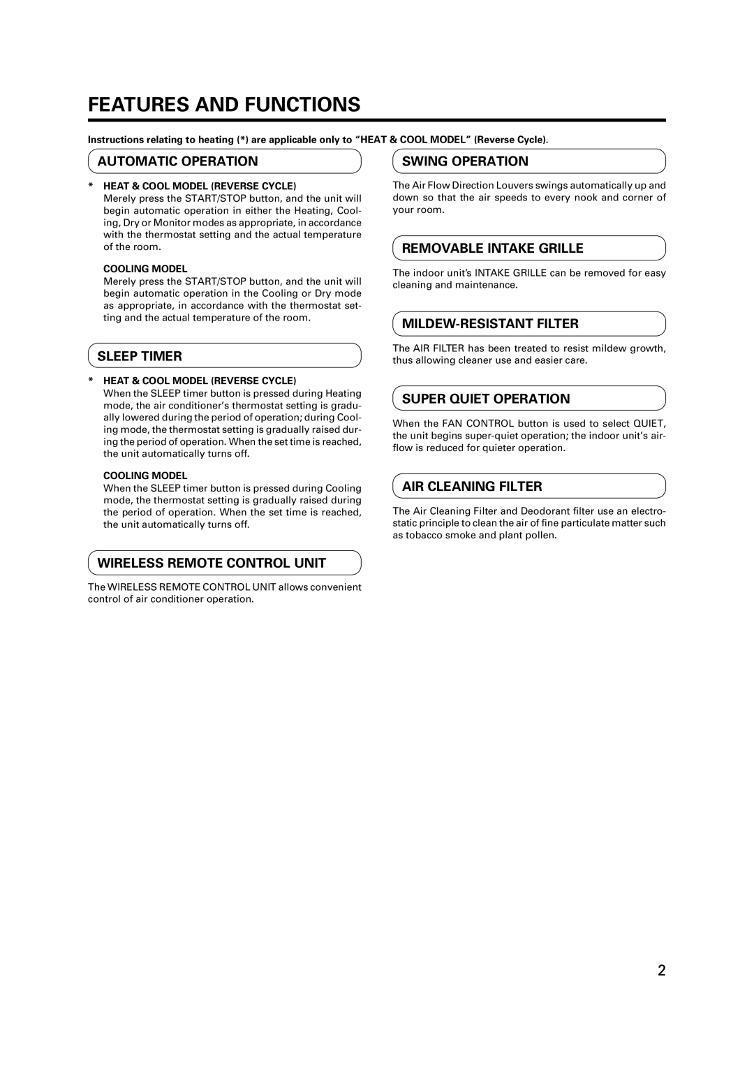 Fujitsu AST9, AST7, AST12 manual Features and Functions, Heat & Cool Model Reverse Cycle, Cooling Model 