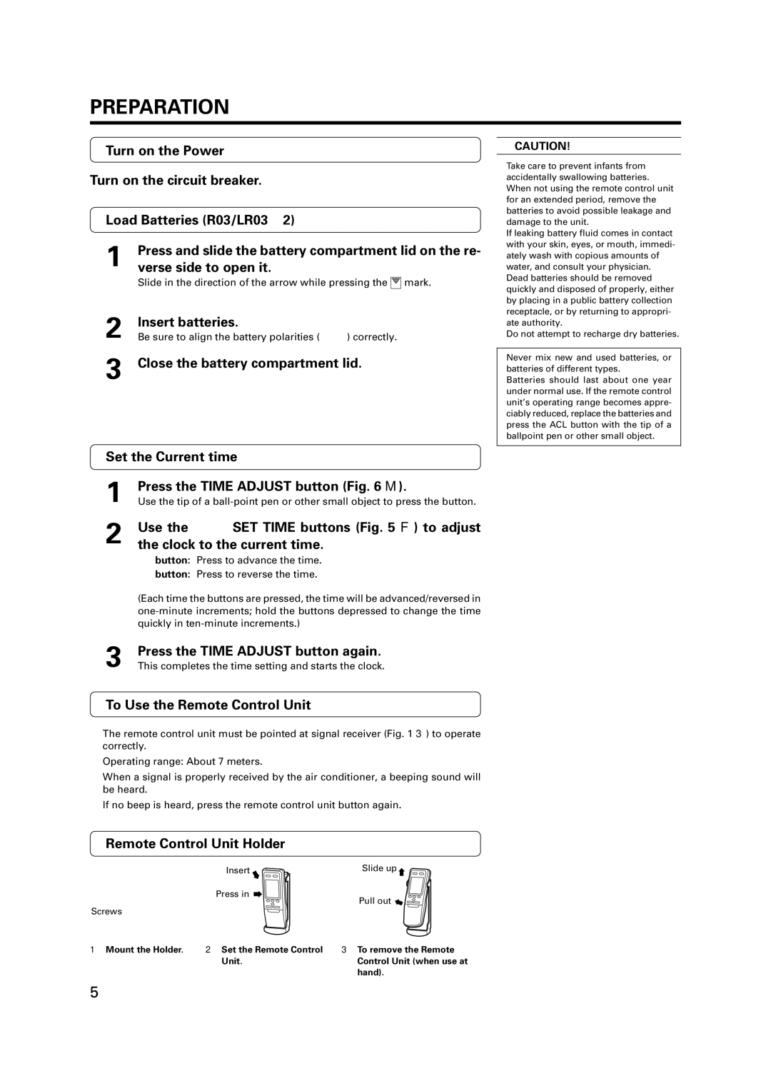 Fujitsu AST9, AST7, AST12 Preparation, Insert batteries, Press the Time Adjust button again, To Use the Remote Control Unit 