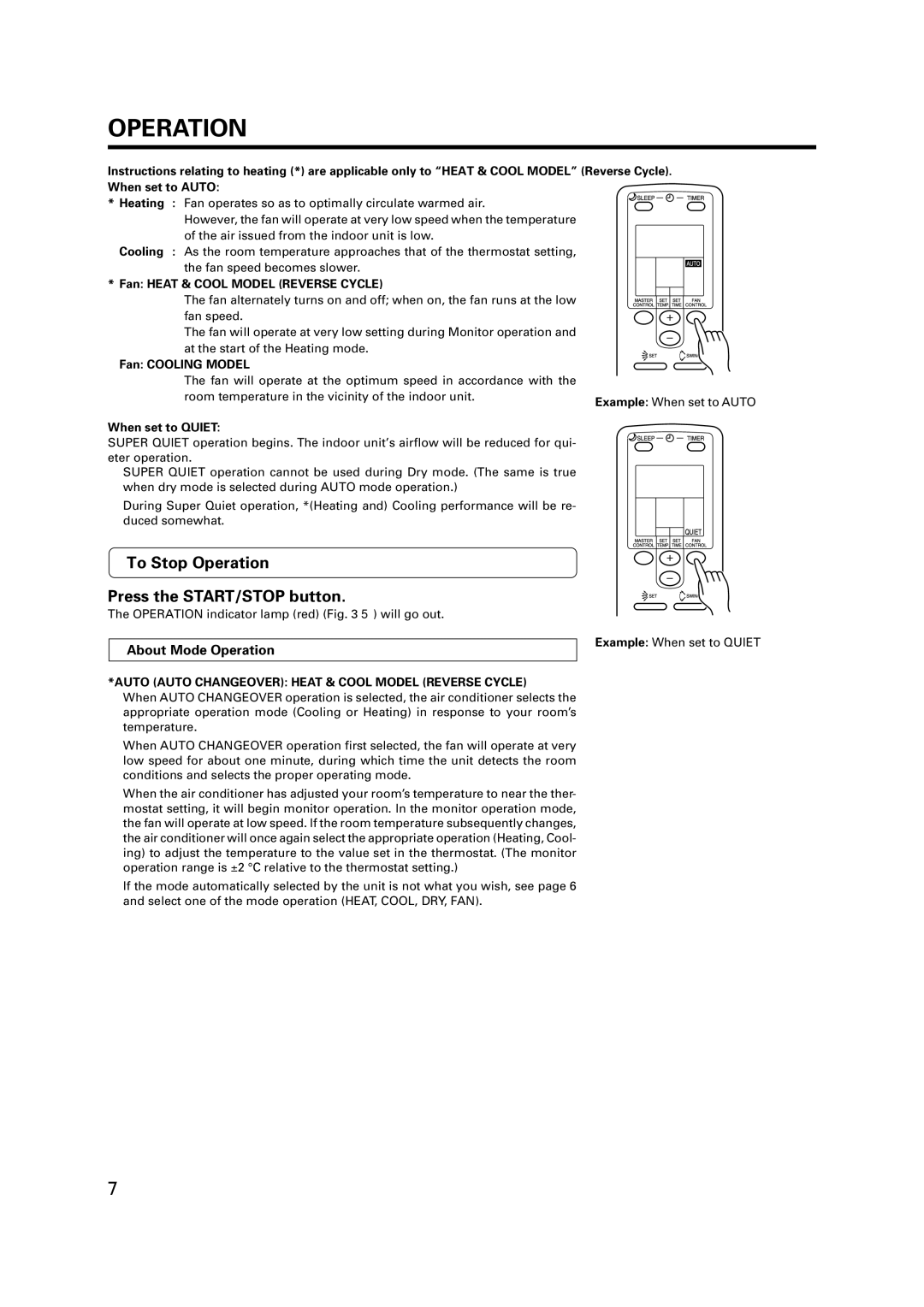 Fujitsu AST12 To Stop Operation Press the START/STOP button, About Mode Operation, Fan Cooling Model, When set to Quiet 