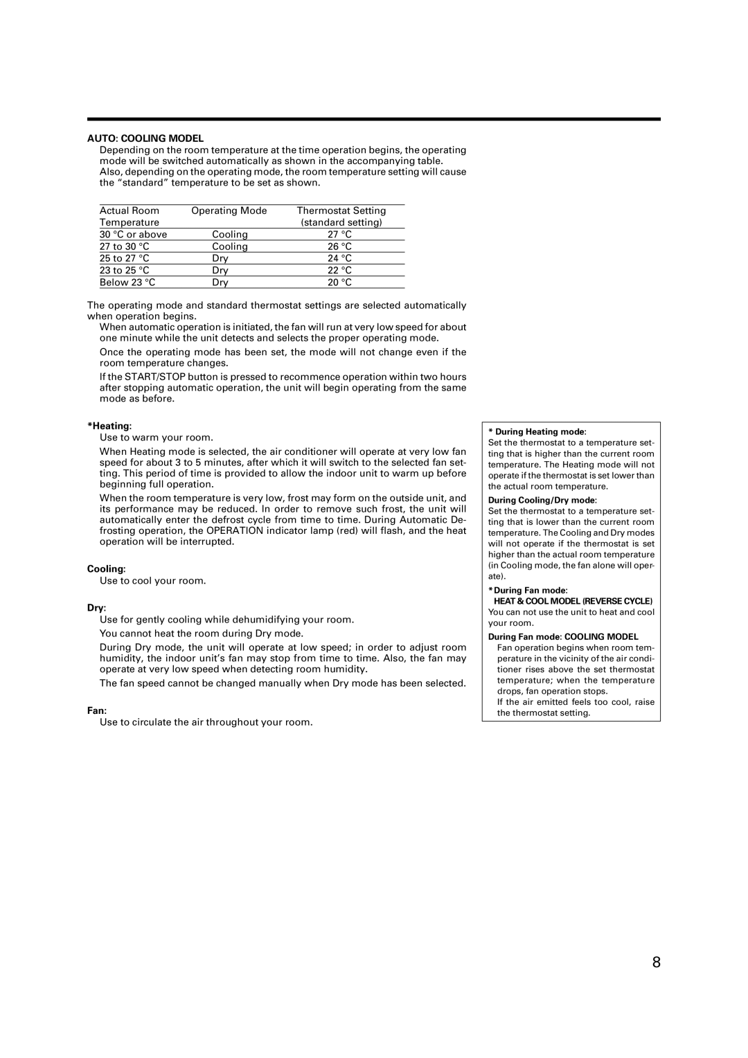 Fujitsu AST9, AST7, AST12 manual Auto Cooling Model, Dry, Fan 