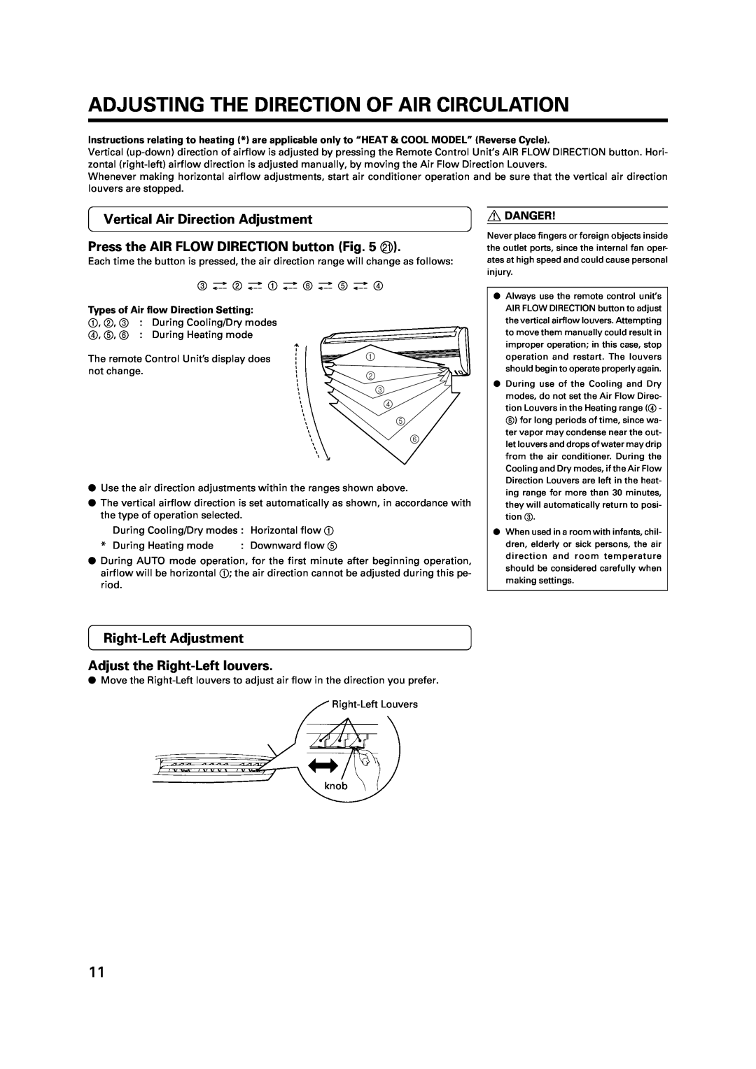 Fujitsu AST9, AST7, AST12 manual Adjusting The Direction Of Air Circulation, Vertical Air Direction Adjustment 