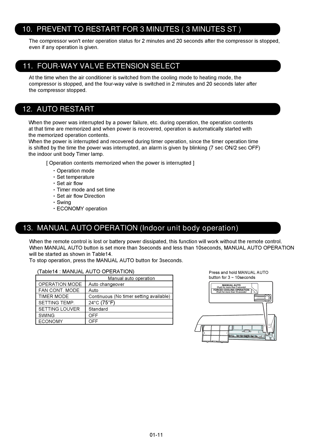 Fujitsu AOU12RL2 Prevent to Restart for 3 Minutes 3 Minutes ST, FOUR-WAY Valve Extension Select, Auto Restart, 24C 75F 