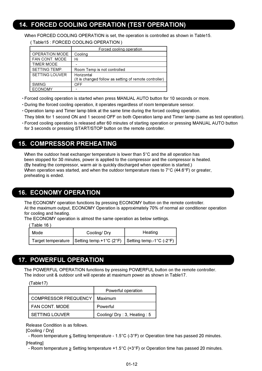 Fujitsu AOU09RL2 Forced Cooling Operation Test Operation, Compressor Preheating, Economy Operation, Powerful Operation 