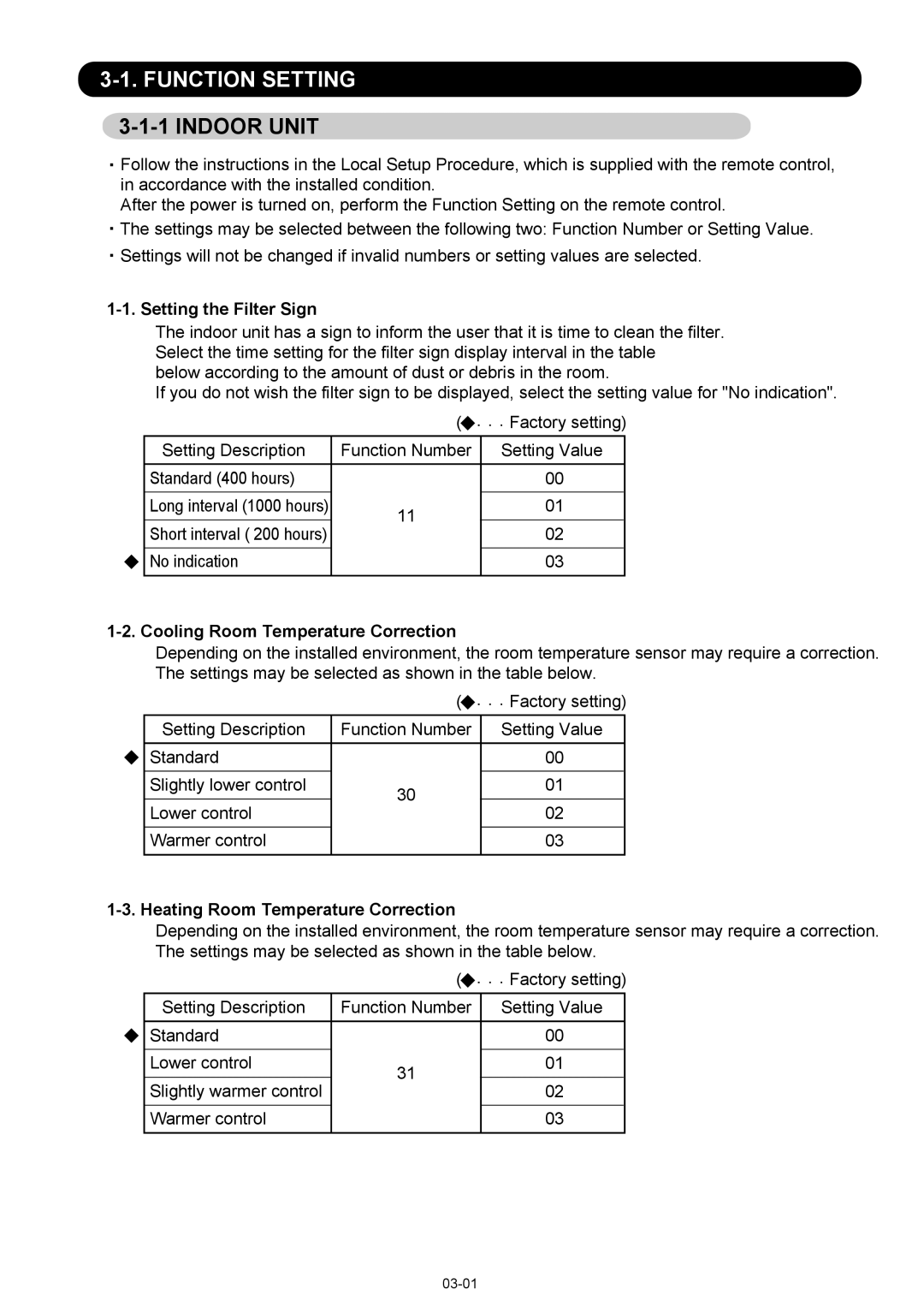 Fujitsu AOU12RL2, ASU12RL2 Function Setting, Setting the Filter Sign, No indication, Cooling Room Temperature Correction 
