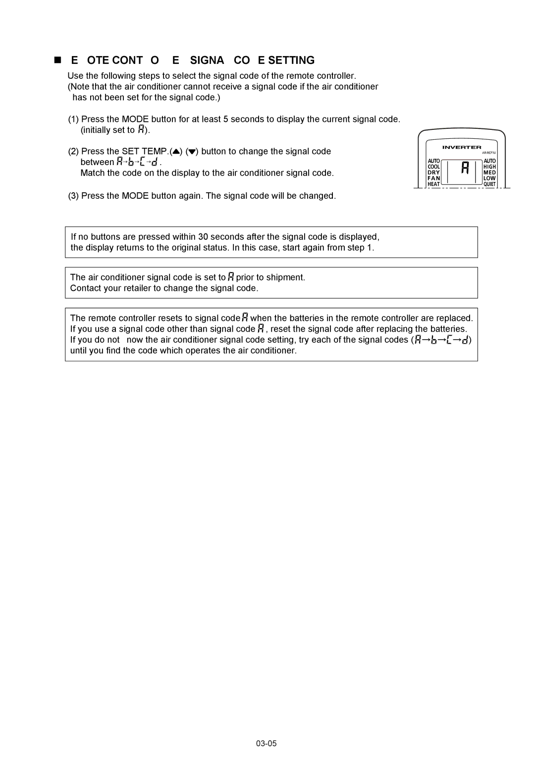 Fujitsu AOU09RL2, ASU12RL2, AOU12RL2 manual Remote Controller Signal Code Setting 