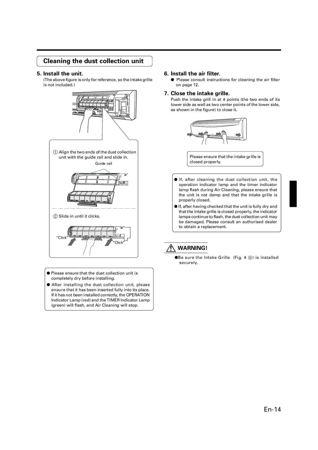 Fujitsu ASU15RLQ, AOU18RLQ, ASU18RLQ, AOU15RLQ Install the unit, Install the air filter, Close the intake grille 