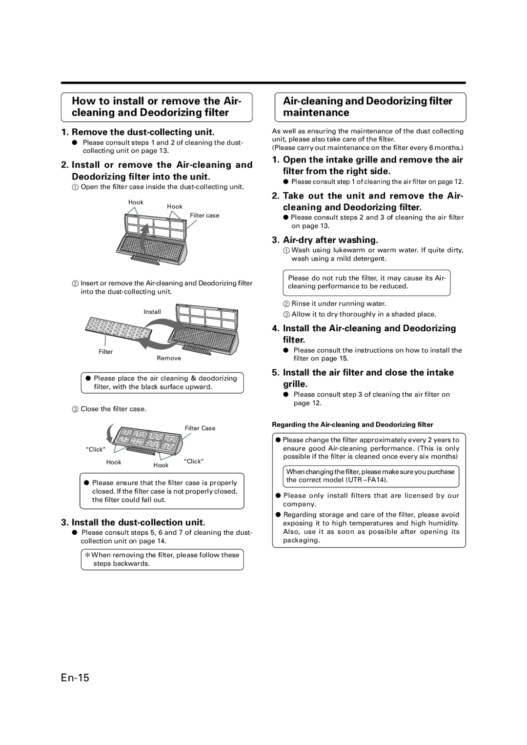 Fujitsu AOU18RLQ, ASU15RLQ Remove the dust-collecting unit, Install the dust-collection unit, Air-dry after washing 