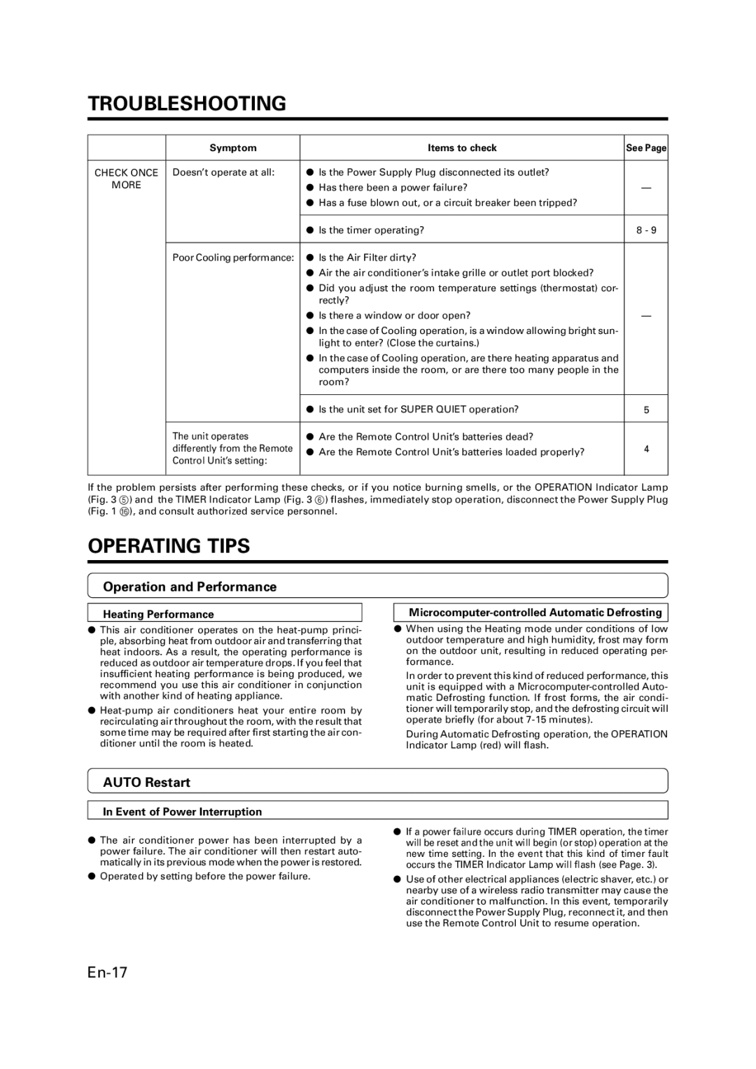 Fujitsu AOU15RLQ Operating Tips, Operation and Performance, Auto Restart, Heating Performance, Event of Power Interruption 