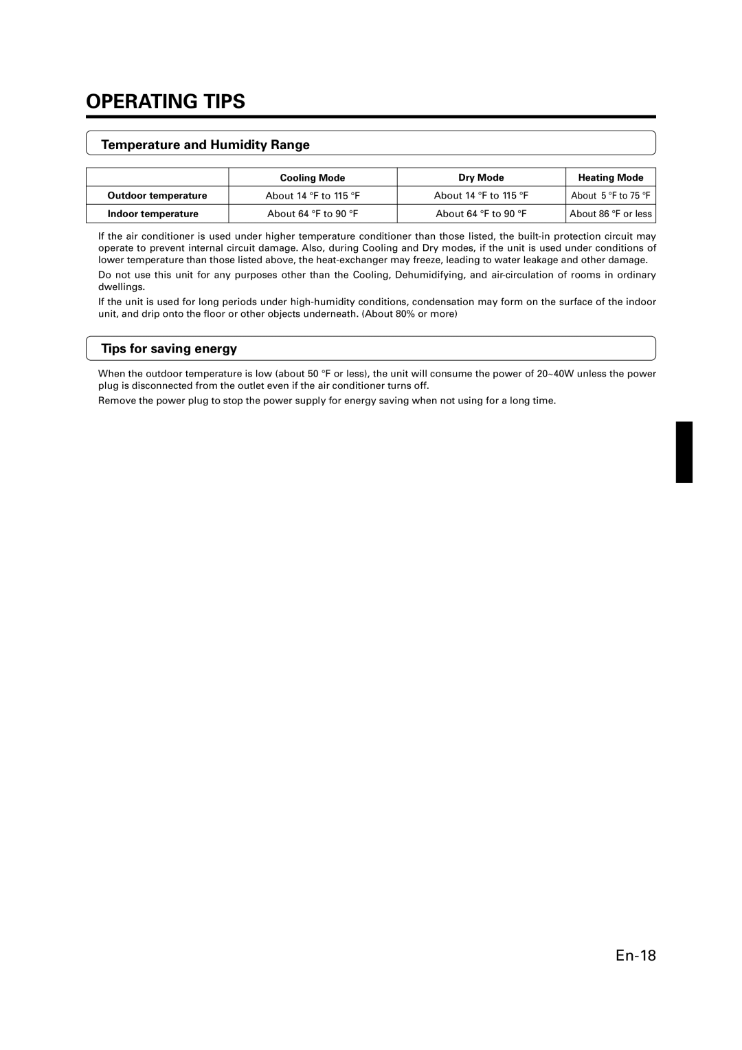 Fujitsu ASU15RLQ, AOU18RLQ, ASU18RLQ, AOU15RLQ operation manual Temperature and Humidity Range, Tips for saving energy, About 