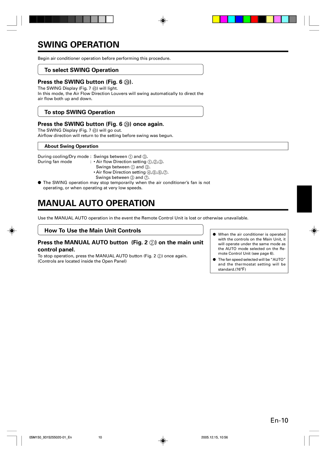 Fujitsu AOU18CL Manual Auto Operation, To select Swing Operation Press the Swing button S, About Swing Operation 