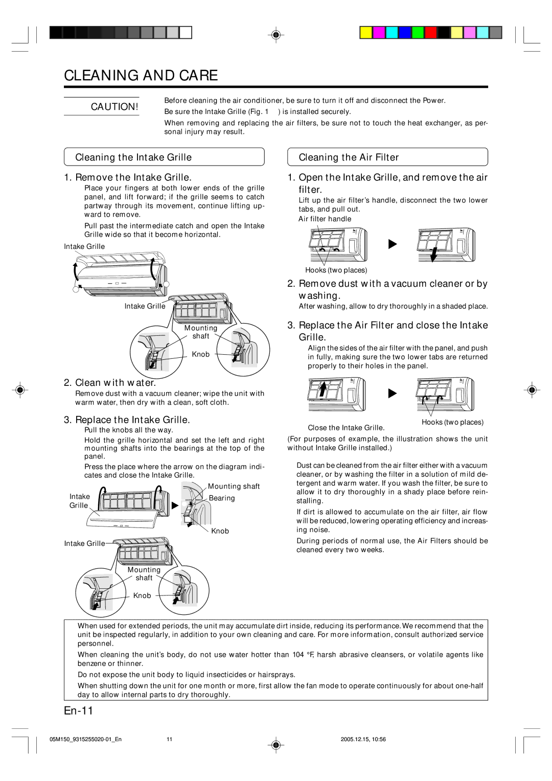 Fujitsu ASU18CL, AOU18CL operation manual Cleaning and Care 