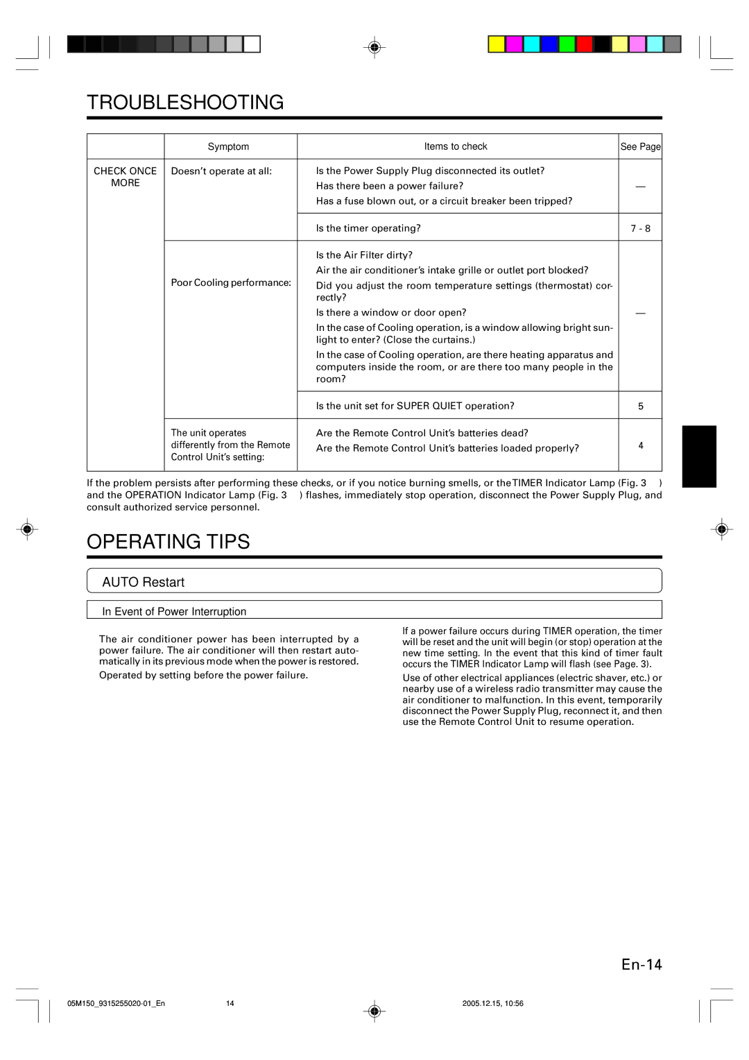 Fujitsu AOU18CL, ASU18CL operation manual Operating Tips, Auto Restart, Event of Power Interruption, Symptom Items to check 