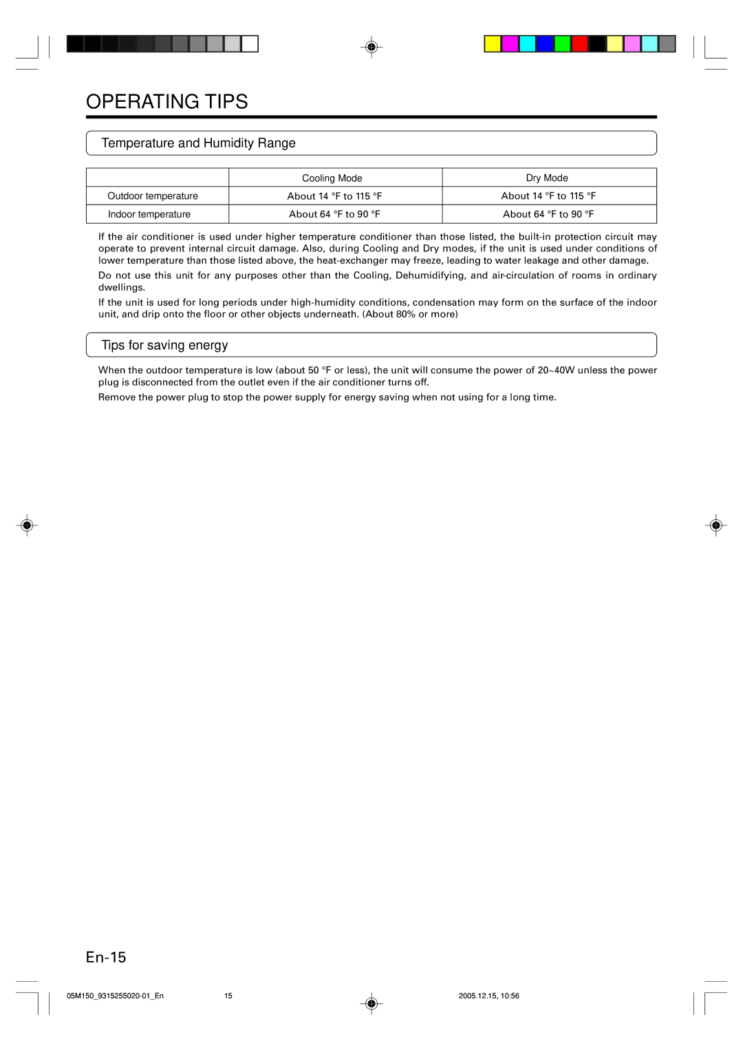 Fujitsu ASU18CL, AOU18CL Temperature and Humidity Range, Tips for saving energy, Cooling Mode Dry Mode Outdoor temperature 