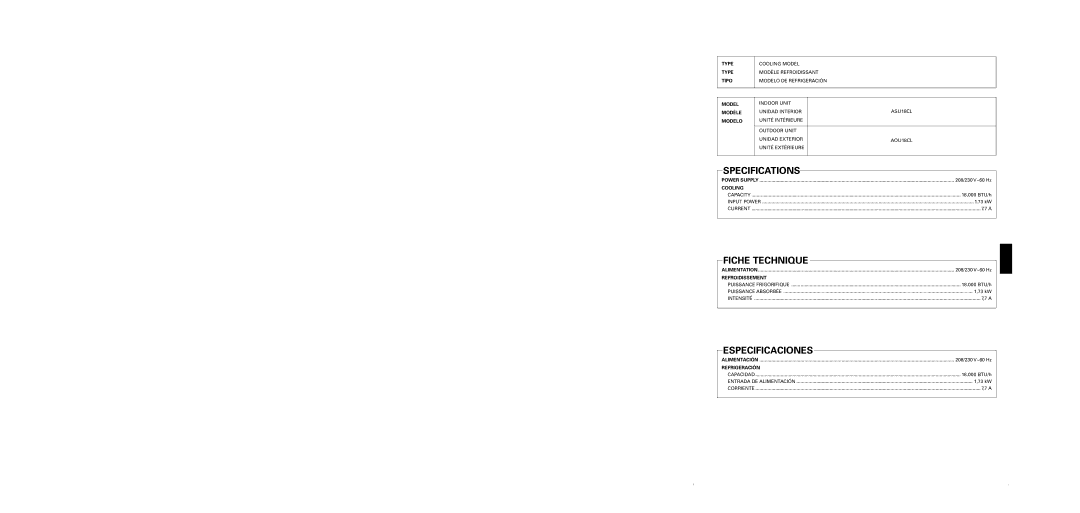 Fujitsu AOU18CL, ASU18CL operation manual Specifications, Fiche Technique, Especificaciones 