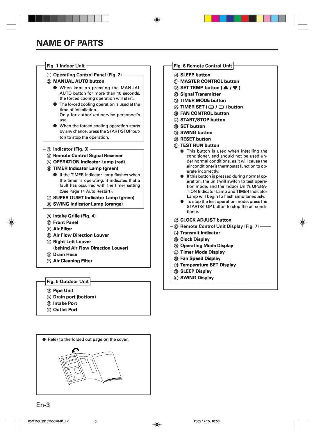 Fujitsu ASU18CL, AOU18CL operation manual Name Of Parts, En-3 