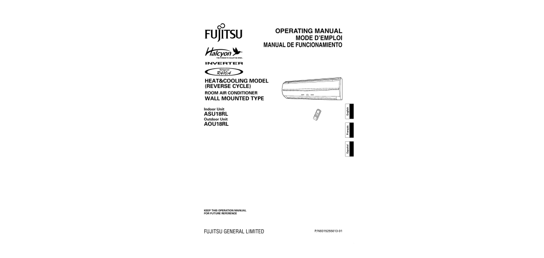 Fujitsu AOU18RL, ASU18RL operation manual Operating Manual, Español Français English 