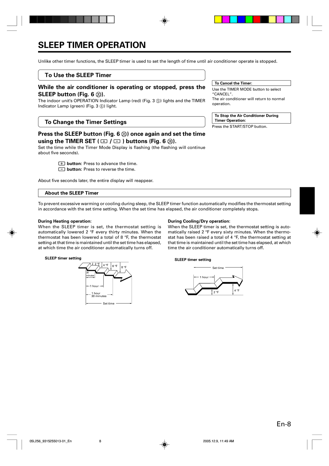 Fujitsu AOU18RL Sleep Timer Operation, About the Sleep Timer, During Heating operation, During Cooling/Dry operation 