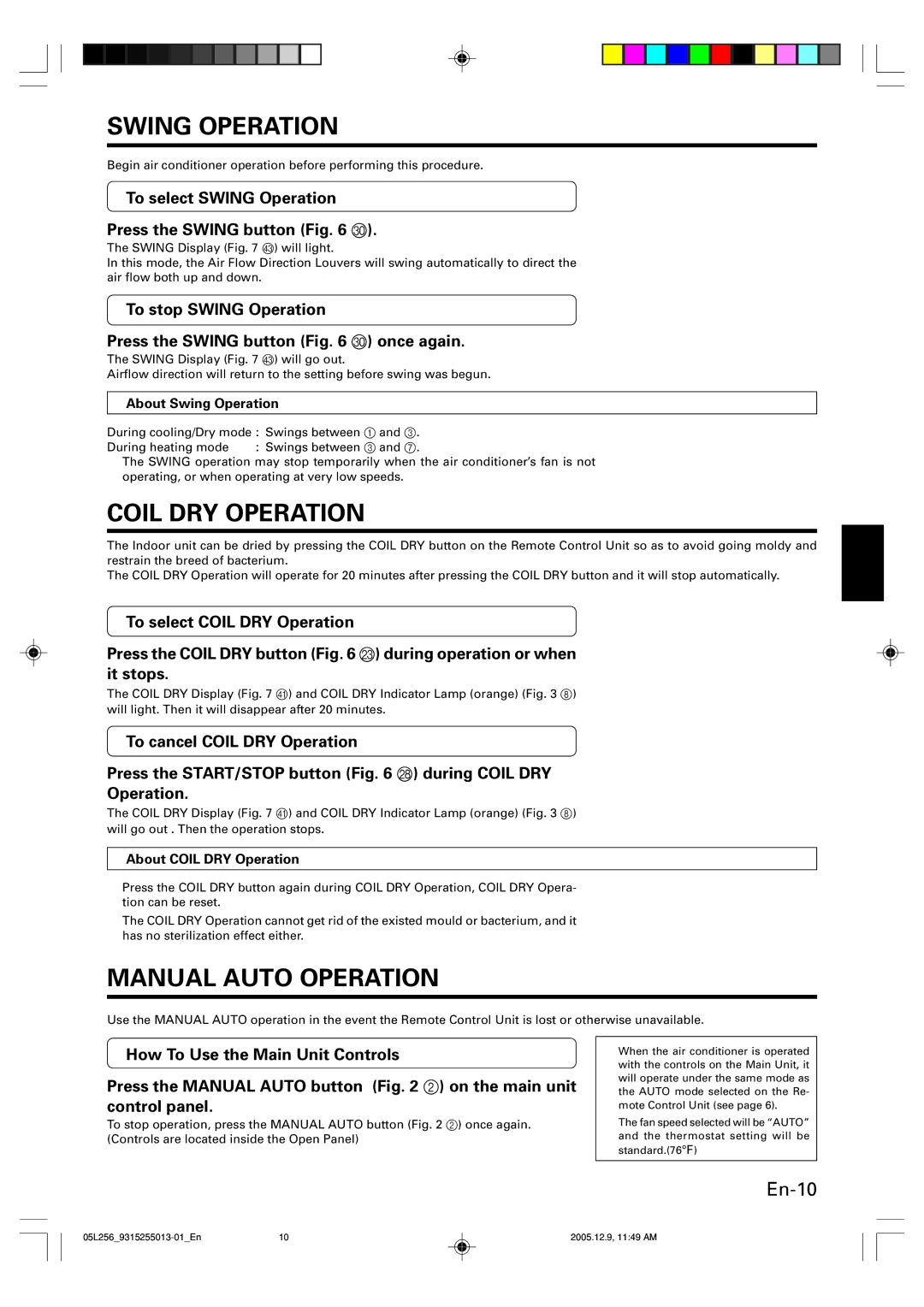 Fujitsu AOU18RL, ASU18RL operation manual Swing Operation, Coil DRY Operation, Manual Auto Operation 