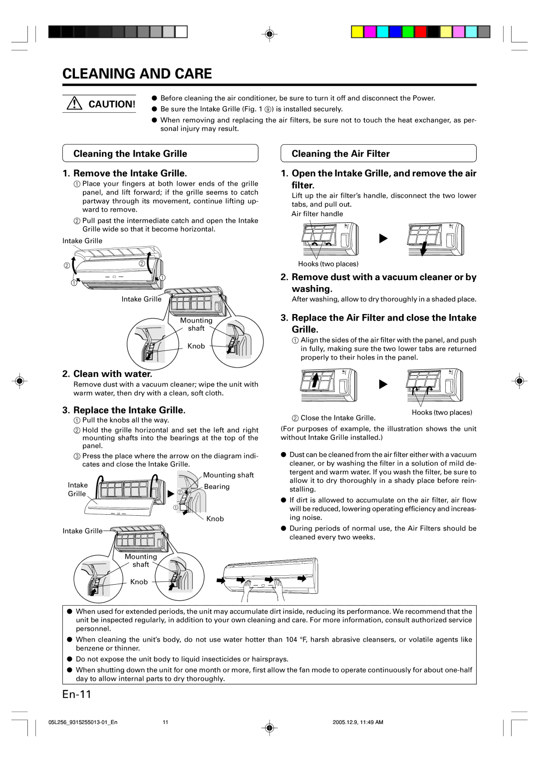 Fujitsu ASU18RL, AOU18RL operation manual Cleaning and Care 