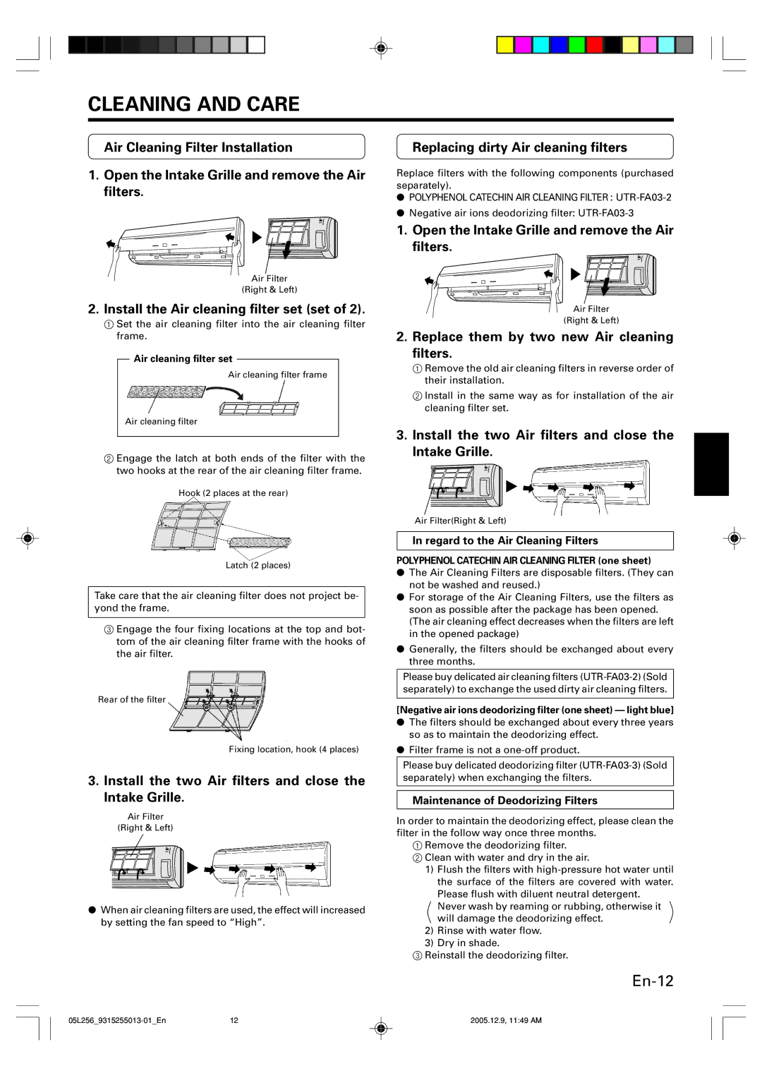 Fujitsu AOU18RL, ASU18RL Install the Air cleaning filter set set, Install the two Air filters and close the Intake Grille 