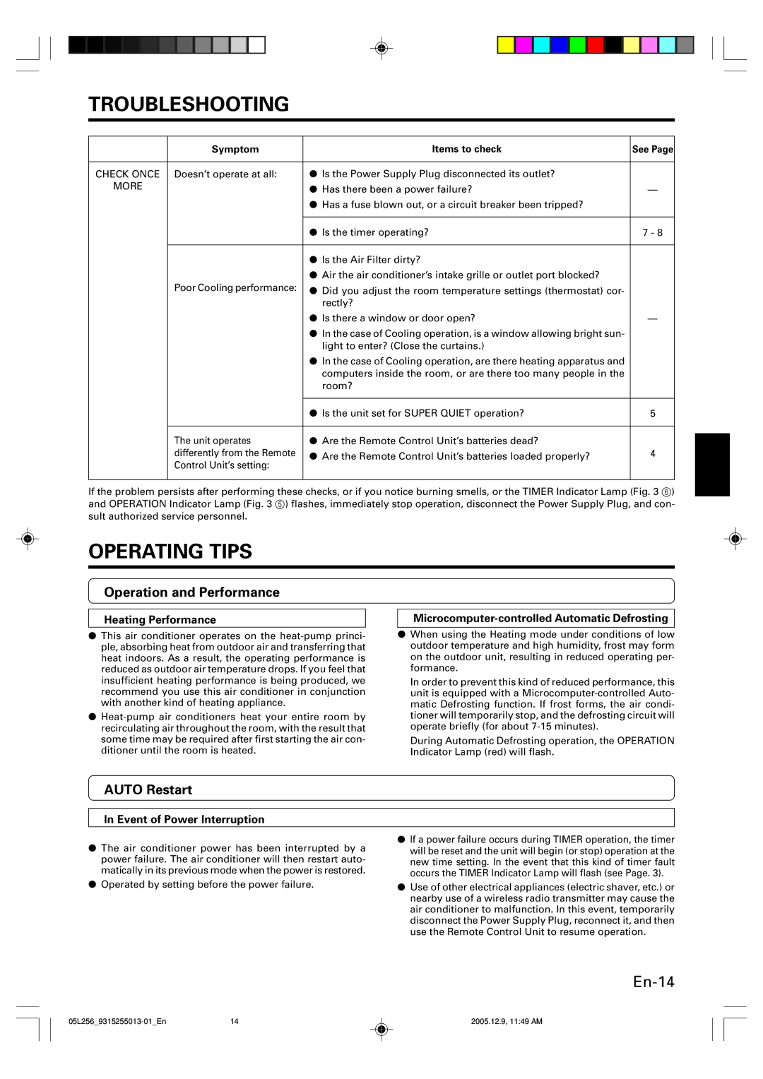 Fujitsu AOU18RL Operating Tips, Operation and Performance, Auto Restart, Heating Performance, Event of Power Interruption 