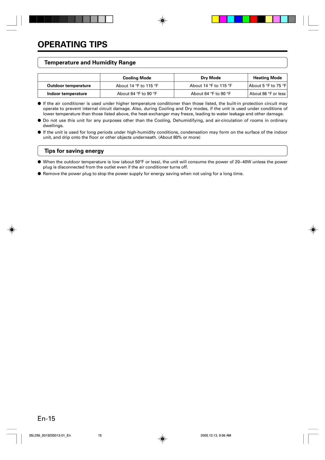 Fujitsu ASU18RL, AOU18RL operation manual Temperature and Humidity Range, Tips for saving energy, Indoor temperature 