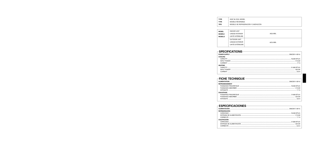 Fujitsu ASU18RL, AOU18RL operation manual Specifications, Fiche Technique, Especificaciones 