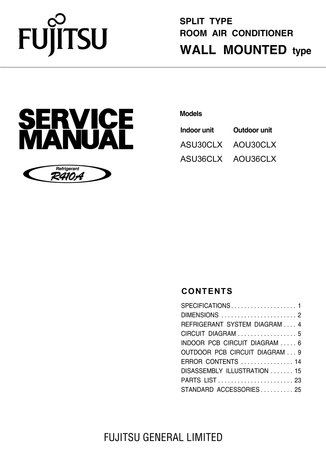 Fujitsu ASU30CLX, ASU36CLX, AOU36CLX, AOU30CLX specifications Wall Mounted type, Contents 