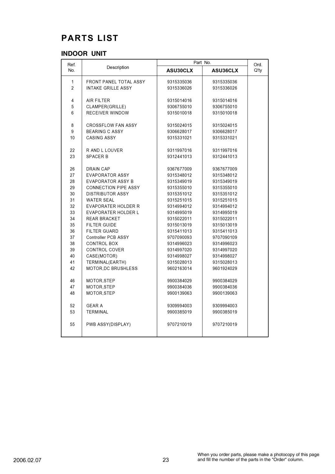 Fujitsu AOU36CLX, AOU30CLX specifications Parts List, ASU30CLX ASU36CLX 